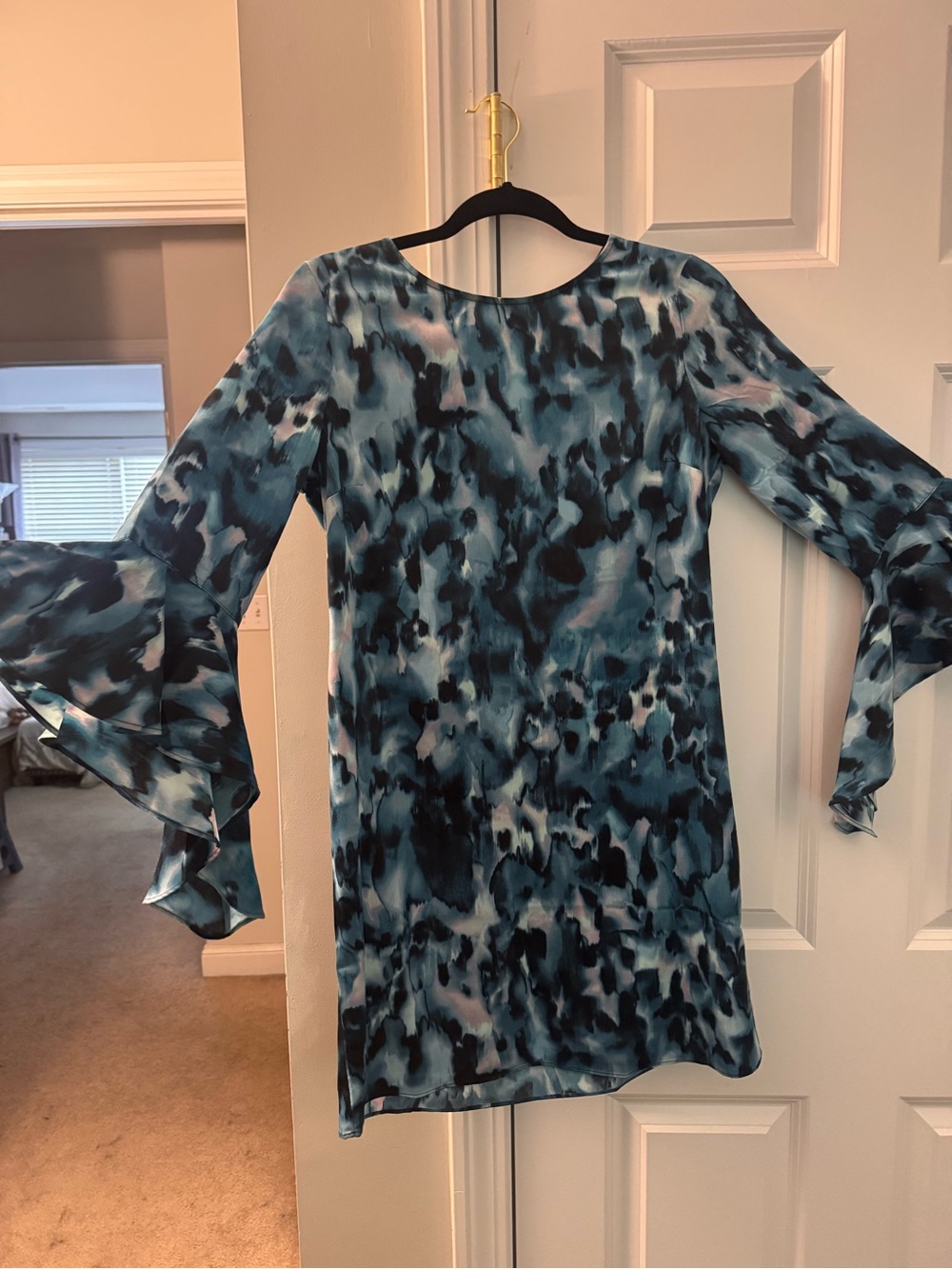 Bar III Teal and Black Abstract Bell-Sleeve Dress